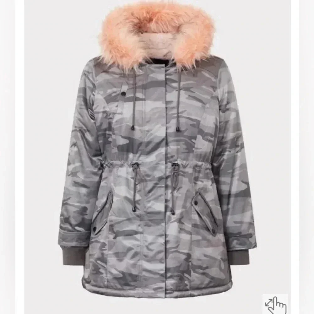 TORRID GRAY CAMO TWILL FUR LINED‎ PARKA WINTER JACKET 00